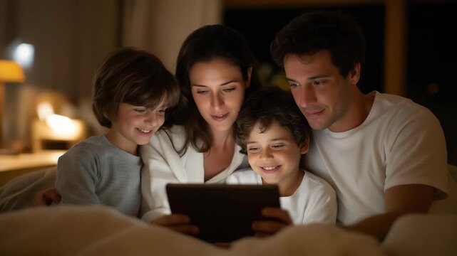 A family gathered around a tablet displaying a severe storm alert with evacuation guidance, pets sitting close and emergency kit visible &mdash; household readiness, digital emergency alerts, and
