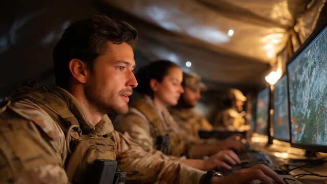 A frontline operations team coordinating under pressure inside a mobile command tent, glowing screens tracking real-time movements as radios crackle with urgent updates &mdash; rapid response, tactical