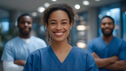 A multicultural team of healthcare workers standing in a hospital corridor, diverse faces united by mission, symbolizing global medical collaboration and inclusive patient care. cinematic color - Powered by Adobe