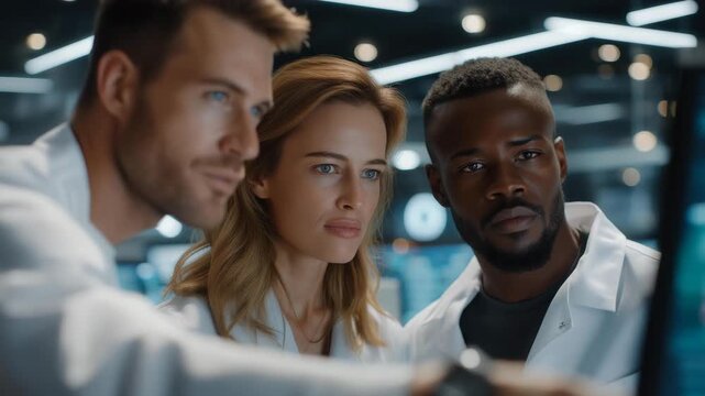 A multicultural team of researchers in a modern lab discussing findings over holographic displays &mdash; global scientific collaboration, knowledge exchange, and diverse expertise shaping the future.