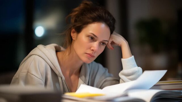 A parent studying late at night after putting their children to bed, surrounded by textbooks and sticky notes &mdash; emotional dedication, personal education goals, and balancing family with