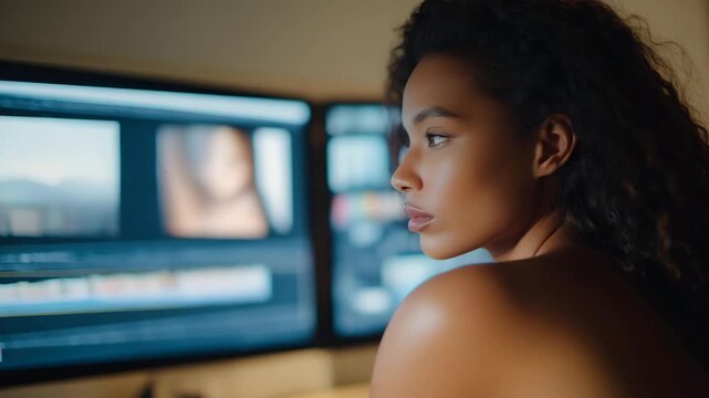 A photographer editing high-resolution images on a professional monitor with color grading tools, timeline sliders, and multiple reference shots open &mdash; creative editing workflow, content production