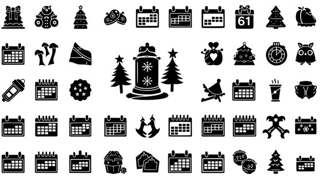 Extensive black icon collection highlighting winter holidays, essential planning calendars, and diverse functional tools