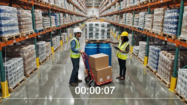 Warehouse worker moving cargo with hand truck among shelves