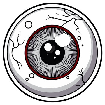 Cartoon eyeball illustration with veins and cracks, scary, round
