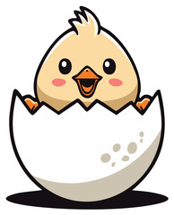 Cartoon chick hatching from an egg, smiling, cartoon illustration