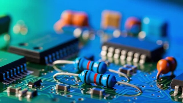 Closeup of a blue circuit board with electronic components and wires