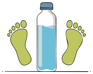 Clear Water Bottle with Blue Liquid and Green Bare Footprints Illustrating Hydration and Healthy Steps