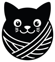 Cartoon Black Cat Face Wrapped in a Ball of Yarn, Playful Cute Kitty Pet Vector Graphic Illustration