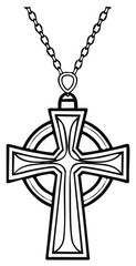 Stylized illustration of a Celtic cross necklace, vector outline, pendant hanging from chain.