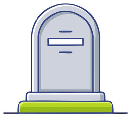 Simple cartoon illustration of a gray tombstone with a blank inscription panel and grass