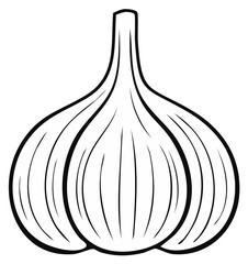 Stylized black and white outline illustration of a garlic bulb with distinct cloves and stem