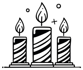 Black and white cartoon illustration of three burning candles for celebratory occasion isolated on white