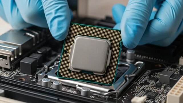 Gloved hands holding a computer processor chip above a motherboard socket
