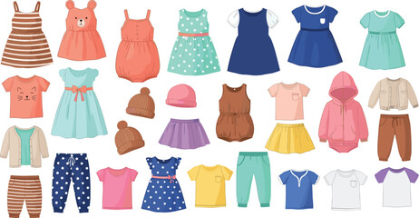 Kids and baby clothing vector set, colorful dresses shirts pants hats and outfits, cute children apparel illustration, fashion design elements