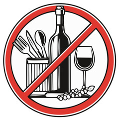 No Food or Drink Sign with Utensils, Wine Bottle and Glass, Grapes