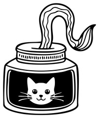 Whimsical cat face on jar with curly tail illustration