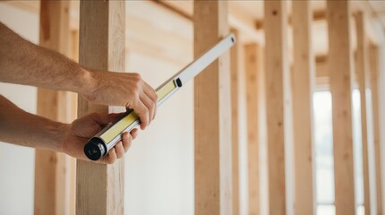 Man with fair skin using a bubble level to ensure accuracy on a wooden wall frame in a construction scene, showcasing craftsmanship and attention to detail