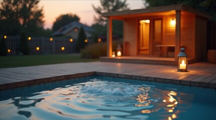 Outdoor sauna cabin beside a serene cold plunge tub, illuminated by warm lanterns, showcasing a tranquil wellness lifestyle in a peaceful evening setting with copy space