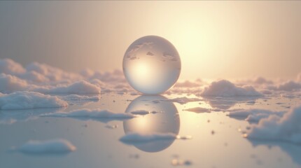 Abstract composition featuring a reflective sphere on a soft surface, surrounded by ethereal clouds, creating a contemporary experimental art piece with captivating light reflections