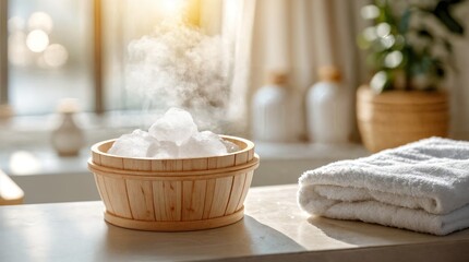 Wooden bowl filled with ice cubes sits on the bathroom countertop next to neatly folded towels, creating a serene, spa-like atmosphere filled with natural light.