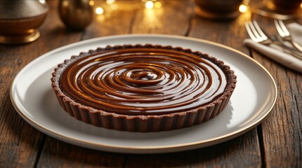 Chocolate tart with miso caramel swirl on a white plate, set against a rustic wooden table, showcasing modern gourmet fusion and culinary trend
