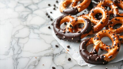 Gourmet salted pretzels dipped in rich dark chocolate arranged on a marble surface, showcasing the delightful contrast of salty and sweet flavors with copy space
