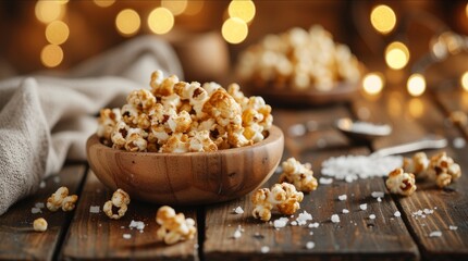 Caramel popcorn sprinkled with sea salt in a wooden bowl, surrounded by scattered kernels and a cozy ambiance, representing a delightful salty-sweet flavor fusion