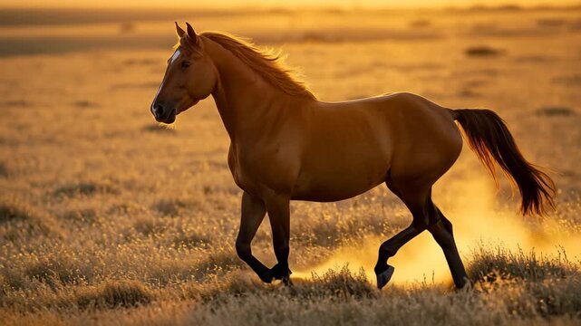 Horse galloping in golden light on vast field creates dynamic cinematic footage at sunset exactly.mp4