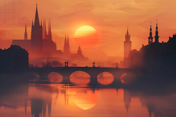 Naklejka premium Mystical sunset over misty european cityscape with historic architecture