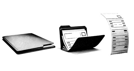 Vintage office supplies: accordion file, ledger book, document folder trio