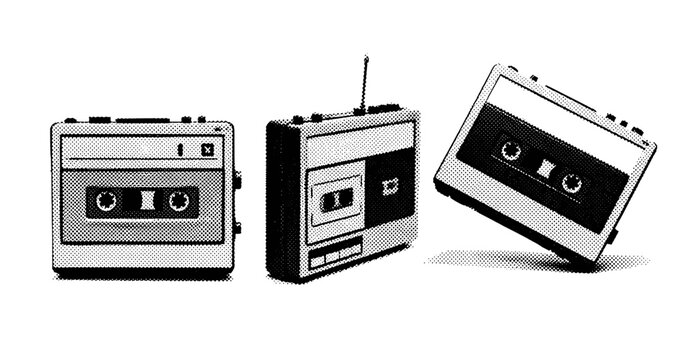 Retro cassette walkman with cassette tapes in black and white pop art design