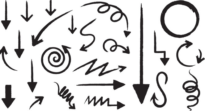 Collection of various hand drawn arrows and swirling line patterns
