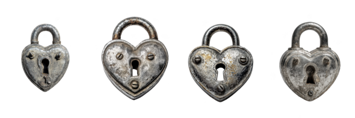 Four antique silver heart shaped padlocks showcasing intricate details and vintage charm isolated on transparent background