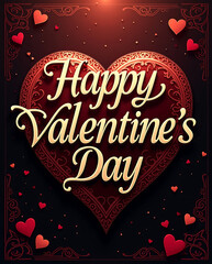 Valentine day greeting card with golden calligraphy text on dark background featuring large ornate heart