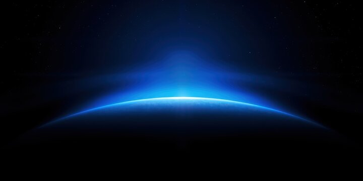 A stunning blue glow emanates from the curved horizon of a planet or celestial body in the vast darkness of outer space
