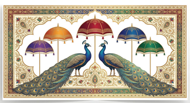 Title: Two peacocks standing under colorful umbrellas with intricate patterns and ornate border isolated on a transparent background