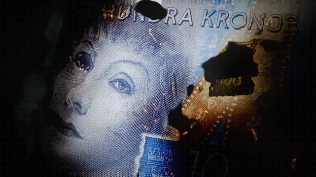 Swedish Krona (SEK) Banknote Burning With 3D Camera Shaking Movement