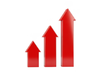 Growing red arrows pointing upwards isolated on transparent background