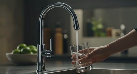 Hand filling glass with water from kitchen faucet