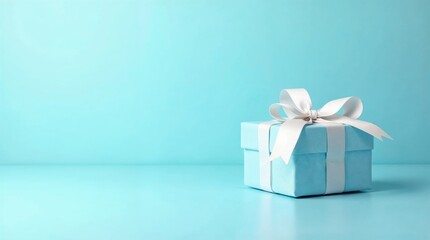 Elegant light blue gift box with white ribbon on a pastel blue background