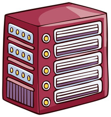 Cartoon data server storage unit with indicator lights and drives, technology illustration