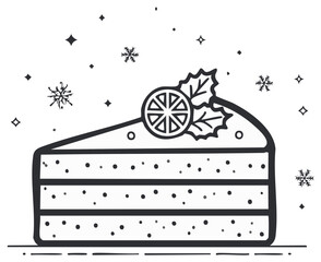 Black and white illustration of cake slice decorated with citrus and holly, with festive snowflake elements.