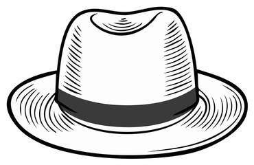 Illustrated classic fedora hat with a black band, front view, isolated design.