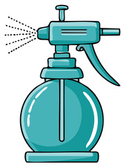 Illustration of a teal-colored plastic spray bottle with pump mechanism and adjustable nozzle emitting fine droplets.