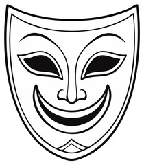 Smiling Comedy Mask Illustration, Black and White, Line Art