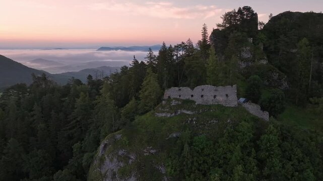Aerial view of the ruins of the Vrsatec castle in Slovakia