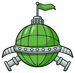 Green globe with flag, illustration of science or fantasy symbol.