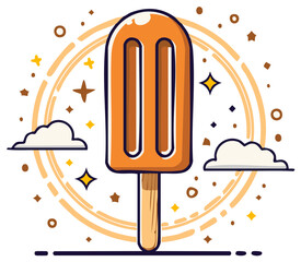 Orange popsicle ice cream treat with sparkling celebration elements and clouds