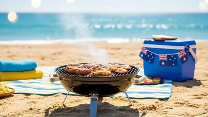 A portable barbecue grill cooking sausages on a sandy beach, with an australian flag cooler nearby. Australia day bbq for national celebration, holiday food marketing, outdoor lifestyle content